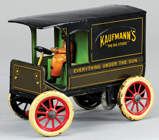 Hans Eberl “Kaufmann’s Big Store” delivery van, clockwork driven, German, probably 1920s, scarce promotional toy, estimate $4,000-$5,000. Bertoia Auctions image.