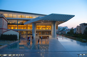 The Acropolis Museum, Athens, as seen at sunset. Sept. 9, 2010 photo by Maarten Dirkse, licensed under the Creative commons Attribution 2.0 Generic license.