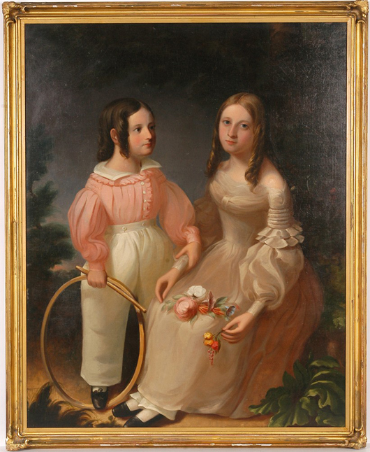Unsigned oil on canvas American School rendering of Margaret and John Loper of Philadelphia. Image courtesy of Slotin Auction.