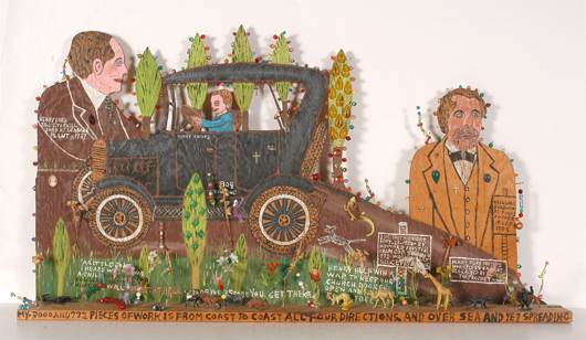 Tractor enamel on cutout board with mixed media by Howard Finster, titled ‘Henry Ford #3,772.’ Image courtesy of Slotin Auction.