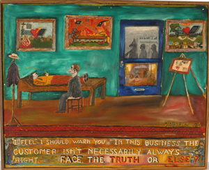Heavy oil built up on canvas by Dr. Samuel A. Greenberg, M.D., titled ‘Face the Truth or Else.’ Image courtesy of Slotin Auction.