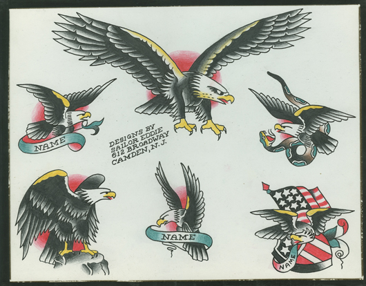 A sheet of ‘flash,’ or tattoo designs, by ‘Sailor Eddie’ Evans, a famed tattooist in Philadelphia and Camden, N.J., from the 1950s through the 1980s. Image courtesy of the Independence Seaport Museum.