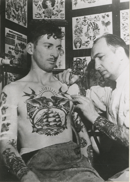 L.M. Brown, a sailor, tattooed by Owen Jenson, circa 1943. Image courtesy of The Kinsey Institute for Research in Sex, Gender and Reproduction.