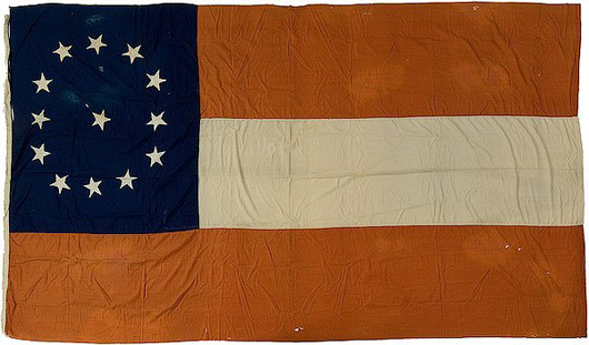 A handmade First National Confederate Flag. Image courtesy of LiveAuctioneers Archive and Cowan’s Auctions.