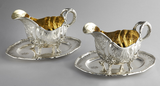 Pair of German silver Royal Prussian sauce boats and stands by Hermann Julius Wilm (est. $6,500-$8,500). Image courtesy of Dallas Auction Gallery.