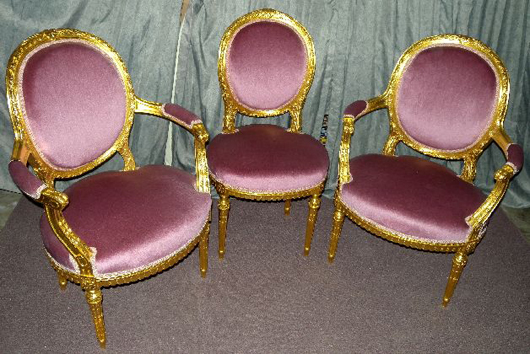 Two Louis XV Revival-style fauteuils and a side chair in the style of Louis Delanois (French, circa 1860). Image courtesy Specialists of the South Inc.