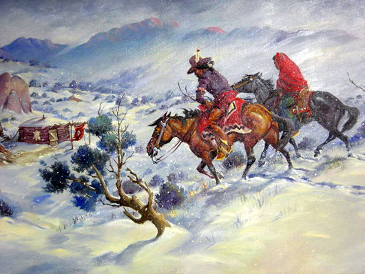 Original oil on canvas by Fred Harman Jr. (Amican/Colorado, 1902-1982), titled ‘Home Before the Storm’ (est. $4,000-$6,000). Image courtesy Specialists of the South Inc.
