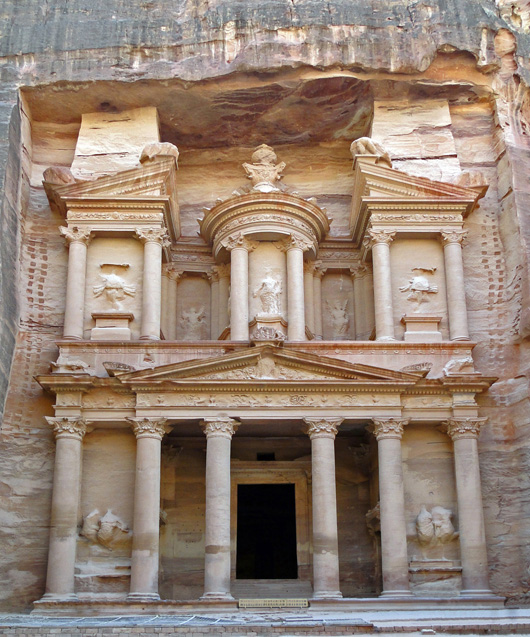 The rose rock city of Petra in Jordan was established in the sixth century B.C. This building is known as the Treasury. This file is licensed under the Creative Commons Attribution-Share Alike 3.0 Unported, 2.5 Generic, 2.0 Generic and 1.0 Generic license.