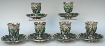 Russian silver vodka cups with saucers, set of 12, marked, 1894, image courtesy of Showplace Antique + Design Center.