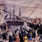 Nathanial Currier’s lithograph titled ‘The Destruction of Tea at Boston Harbor’ depicts the Boston Tea Party protest in 1773. Image courtesy of Wikimedia Commons.