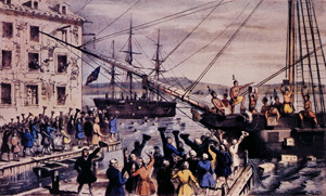 Nathanial Currier’s lithograph titled ‘The Destruction of Tea at Boston Harbor’ depicts the Boston Tea Party protest in 1773. Image courtesy of Wikimedia Commons.
