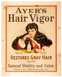 The woman pictured on this poster has hair that is several feet long. No doubt it is the result of using Ayer's Hair Vigor. The poster, 15 by 12 inches, has a few pinholes and scuffs but is estimated to sell at auction for $1,500 to $2,000.