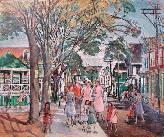Nancy Maybin Ferguson (American/Philadelphia, 1869-1967), They Walk Past the Band Stand, oil on canvas, 30 by 36 inches. William H. Bunch Auctions image.