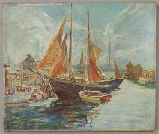 Jane Peterson (American/New York, 1876-1965), Fishing Boats at a Dock, oil on canvas, 30 by 36 inches. William H. Bunch Auctions image.