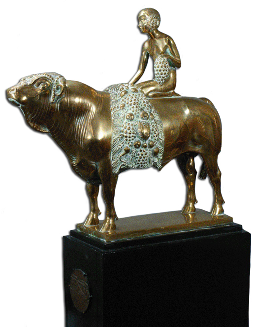 Ignatius Taschner (German, 1871-1913), Young Woman on Bull, bronze sculpture on wood pedestal, cast by Preissman Bauer & Co., Munich; 20 inches long by 17 inches high. William H. Bunch Auctions image.