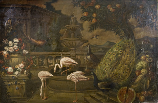 Follower of Melchior D’Hondecoeter (Dutch, 1636-1695), garden scene with flamingos and peacock amid fruit and flowers, 64½ by 98½ inches. William H. Bunch Auctions image.