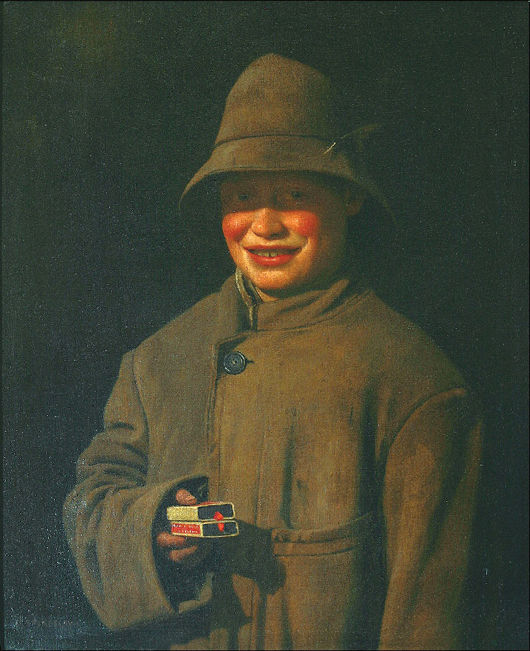 Charles Spencelayh (English, 1865-1958), Matchstick Boy, oil on canvas, 18 by 14 inches. William H. Bunch Auctions image.