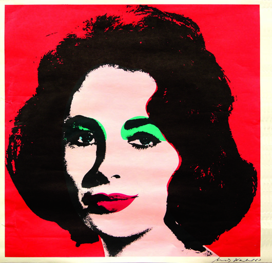 Andy Warhol's 1964 signed, offset lithograph ‘Liz’ will be offered at Clars’ Fine Art and Antiques Sale on May 15. Estimate: $30,000-$50,000. Image courtesy of Clars Auction Gallery.