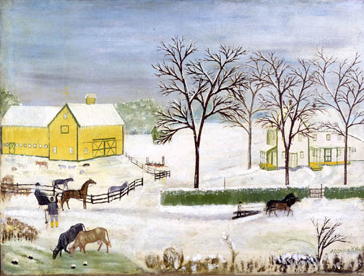 Addison Kingsley: ‘Winter Landscape with Yellow Barn,’ circa 1860. Courtesy Galerie St. Etienne, New York.