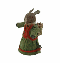 This 6-inch-tall rabbit can ‘walk’ across the floor. The fur-covered clockwork toy has glass eyes, wears a felt dress and carries a wicker basket. It was made in Germany probably about 1900 and sold for $633 at a Bertoia auction in Vineland, N.J.