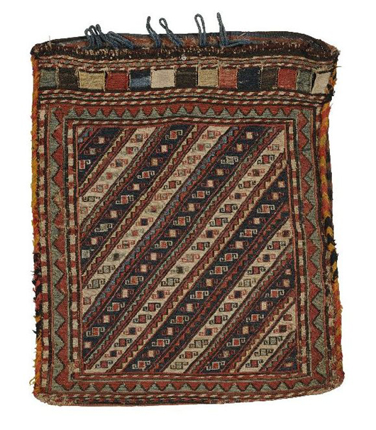 Shahsavan Soumak bag, northwest Persia, last quarter 19th century, two small holes, corner wear, slight moth damage, 2 feet 2 inches x 1 feet 10 inches. Estimate $1,500-$2,000. Image courtesy of Skinner Inc.