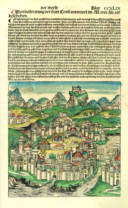 A page from the 'Nuremberg Chronicle,' with color added, depicts the city of Constantinople. Image courtesy of Wikimedia Commons.