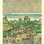 A page from the 'Nuremberg Chronicle,' with color added, depicts the city of Constantinople. Image courtesy of Wikimedia Commons.