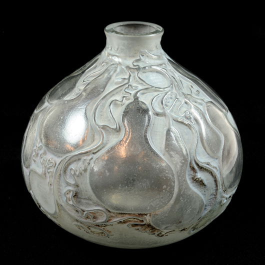 Rene Lalique Courges vase, circa 1914, 7 1/2 inches high, 8 inches wide. Estimate: $600-$800. Image courtesy of Morton Kuehnert Auctioneers & Appraisers.