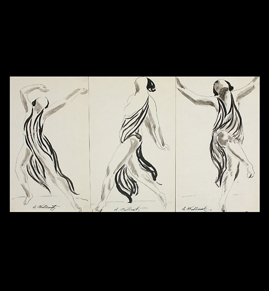 Abraham Walkowitz  (Russian/American, 1878-1965) ‘Isadora Duncan Dancing,’ three works, ink wash on paper, 14 x 8 1/2 inches. $800-$1,000. Image courtesy of Michaan’s Auctions.