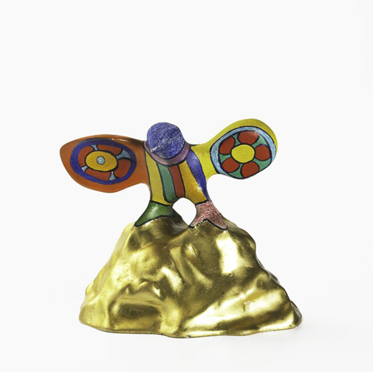 Niki de Saint Phalle, ‘Bird,’ 1979, paint and gold leaf on cast polyester, signed and numbered 6/10, 5 1/4 inches high, has an $8,000-$10,000 estimate. The subject matter is quintessential Saint Phalle. Photo courtesy of Rago Arts and Auction Center.
