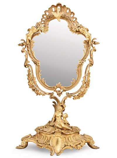 French gilt-bronze figural dresser mirror in the Louis XVI style, est. $1,000-$1,500. Abell Auction image.
