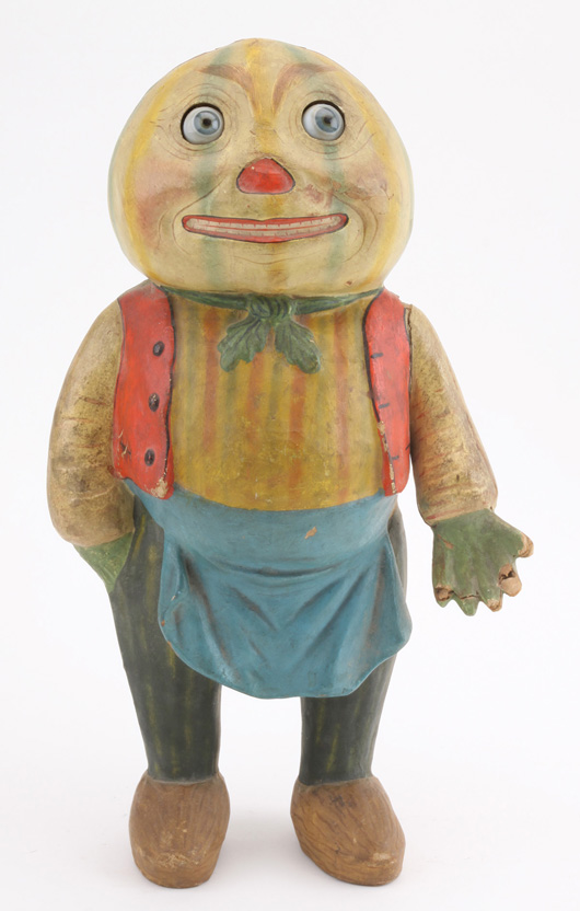 Halloween clockwork vegetable man, painted papier-mache, 16 inches tall, est. $10,000-$15,000. Noel Barrett Auctions image.