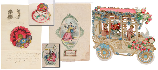 Examples of antique valentines to be auctioned, including (center) one that dates to the Civil War period. Noel Barrett Auctions image.