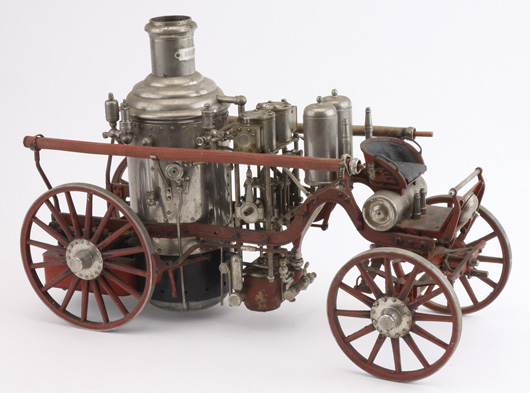 Fire pumper model, spirit fired and believed fully functional, 21 inches long, weighs 32 lbs., est. $6,000-$7,000. Noel Barrett Auctions image.