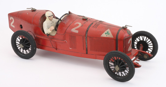 CIJ Alfa Romeo race car, enameled tin with knobby “Michelin” rubber tires, 21 inches long, est. $2,500-$3,000. Noel Barrett Auctions image.