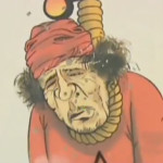 Still frame depicting a caricature of Muammar Gaddafi from a YouTube video about the slain graffiti artist Qais Ahmed Al-Hilali. Courtesy Repubblica Radio TV, TM News and YouTube.