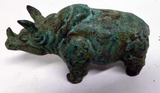 Java bronze-cast rhino, 15th-18th century B.C., 4 3/8 inches long, original hard patina, est. $700-$1,000. Asian Antiques Gallery.