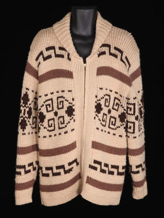 Vintage Pendleton sweater Jeff Bridges wore in the role of ‘The Dude’ in the 1998 cult classic film The Big Lebowski, est. $4,000-$6,000. Image courtesy of Profiles in History.