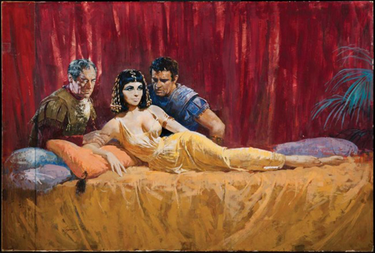 Howard Terpning original final-draft poster artwork for the 1963 film Cleopatra, starring Elizabeth Taylor, Richard Burton (right), and Rex Harrison (left), 29 x 44 inches, est. $60,000-$80,000. Image courtesy of Profiles in History.