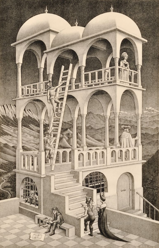 M.C. (Maurits Cornelis) Escher (Dutch, 1898-1972), ‘Belvedere,’ 1958. Estimate: $8,000-$12,000. Image courtesy of Skinner Inc.