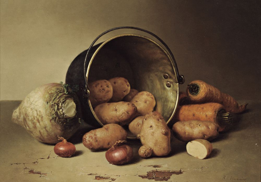 Robert Spear Dunning (American, 1829-1905), ‘Still Life with Root Vegetables,’ 1858. Estimate: $70,000-$90,000. Image courtesy of Skinner Inc.