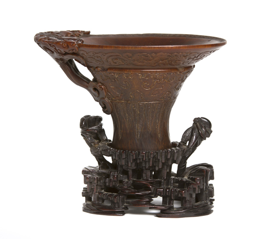 Chinese carved rhino-horn cup, $394,000. Image courtesy of Leslie Hindman Auctioneers.