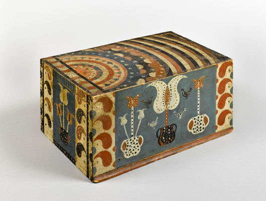 Slide-lid box, possibly Lancaster County; 1800–1840. White pine; paint; H. 6, W. 9, D. 12 inches. Collection of Jane and Gerald Katcher. Photo, Gavin Ashworth, New York City.