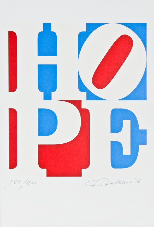 Robert Indiana, (American, b. 1928), ‘HOPE, 2008,’ screenprint in colors, 199/200, 25 x 19 inches (sheet). Estimate: $3,000-$5,000.