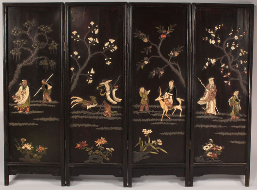 Fine Chinese lacquer and hardstone four-panel floor screen, with gilt narrative calligraphy on the reverse. Estimate: $4,000-$6,000. Image courtesy of Case Antiques Inc. Auction & Appraisals.