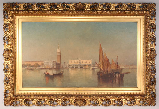 Warren W. Sheppard (American, 1858-1937) was noted for his Venice scenes. This panoramic view, in its original period frame measuring 55 inches by 37 inches, is one of his largest and most finely detailed renditions. Estimate: $8,000-$10,000. Image courtesy of Case Antiques Inc. Auction & Appraisals.