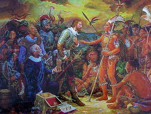 Agustin Anavitate painting of Native-American Indian Chief Agueybana greeting Spanish explorer Juan Ponce de León (1474-1521), who led the first European expedition to Florida and was later appointed Governor of Puerto Rico by the Spanish Crown.