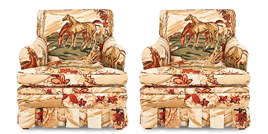 Pair of club chairs with horse-theme upholstery. Provenance: Estate of Gene Autry, est. $1,000-$1,500. Abell Auction image.