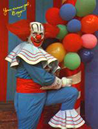 A costumed and face-painted Frank Avruch, circa 1960s, one of many TV actors who portrayed Bozo the Clown. Photo appears with permission of GNU Free Documentation License.