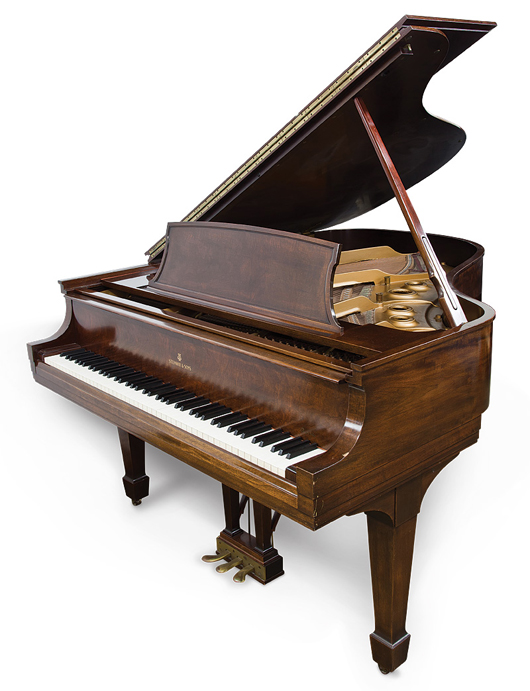 1949 Steinway mahogany-case grand piano on which Gene Autry composed the classic Christmas tune ‘Here Comes Santa Claus,’ est. $10,000-$15,000. Abell Auction image.